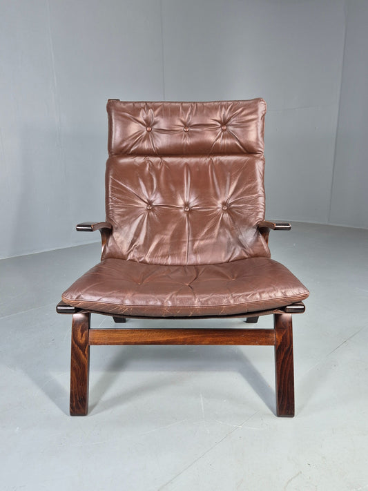 Vintage 1970s Leather Lounge Chair Farstrup Denmark Bentwood Frame Retro EB12311