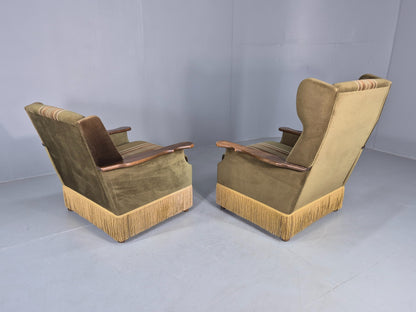 2 Vintage Danish 1970s Lounge Chairs Oak Kjaernulf Arms Green Stripe EB12686