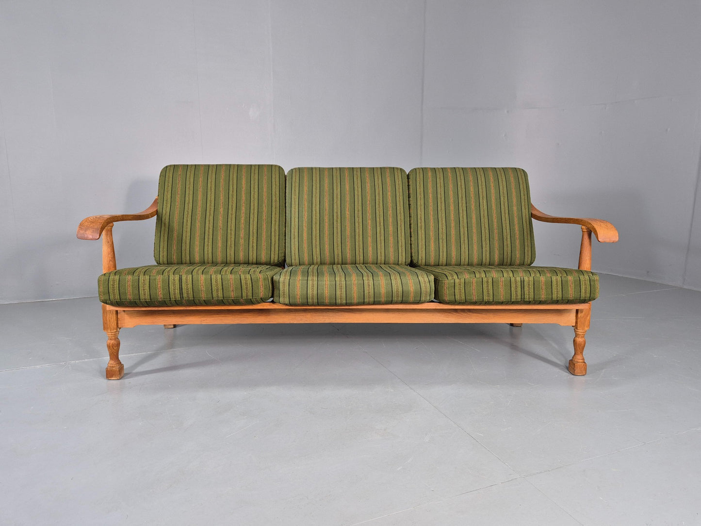 Vintage Danish 3 seater Sofa Oak Kjaenulf Green Cushions 1970s Retro  EB12775