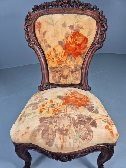 Antique Mahogany Baloon Back Armless Chair Floral Cotton Upholstery EB12793