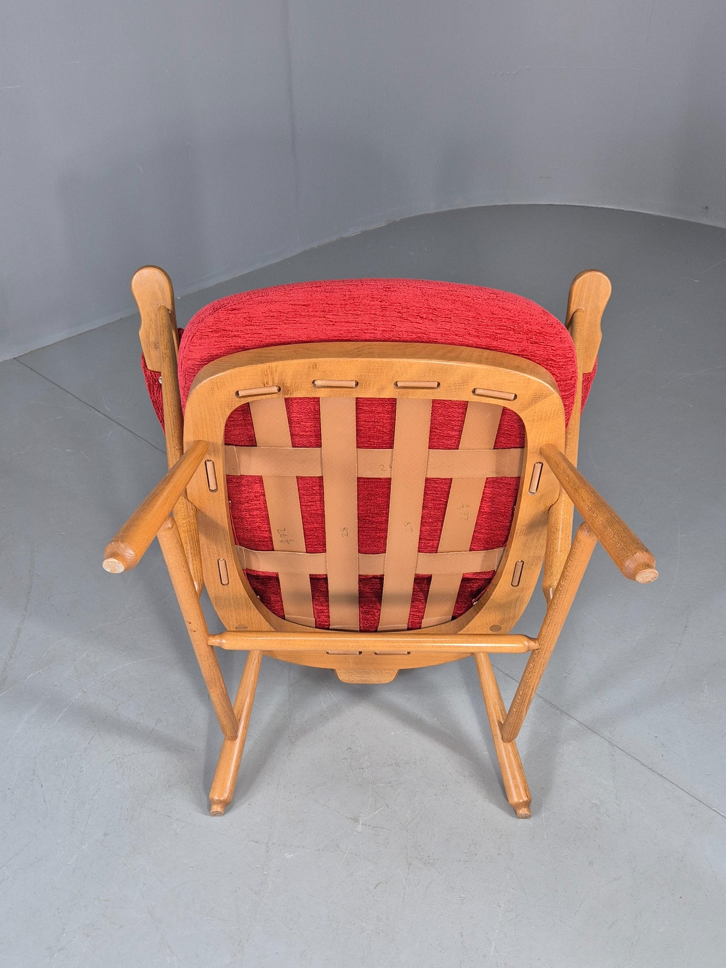 Ercol Evergreen Vintage Lounge Chair High Back Red Chenille Retro EB12859