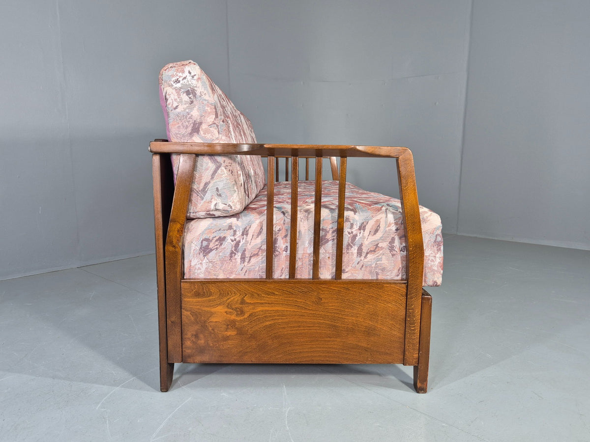 Vintage Danish Two Seat Sofa Bed Beech Frame 1950s Floral Cotton Retro EB12783