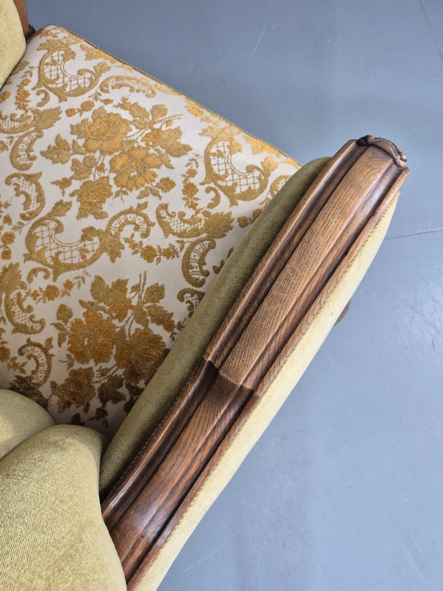 Vintage Danish Art Deco Lounge Chair Carved Oak Frame 1940s Green Floral EB12839