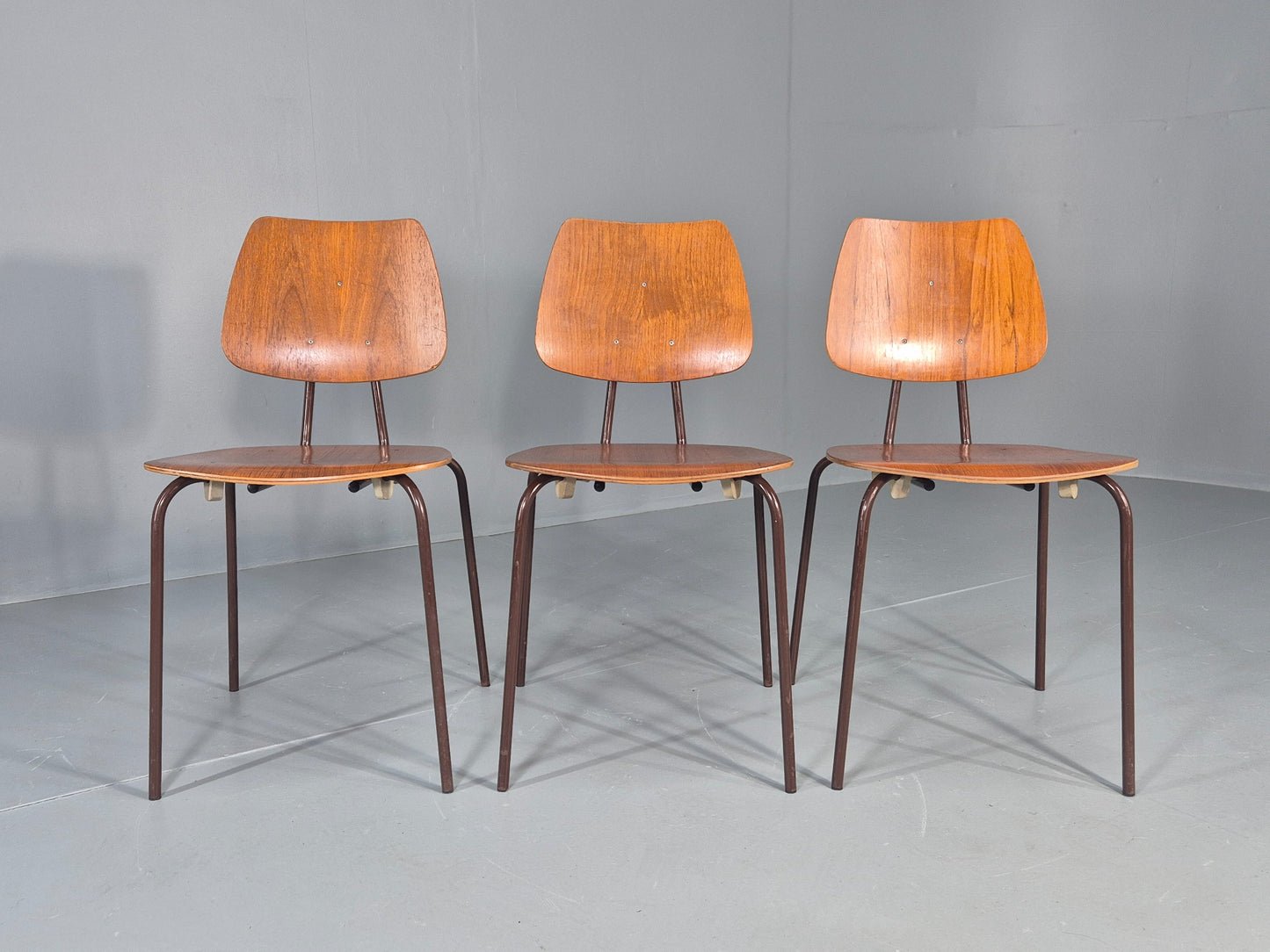 3 Vintage Danish Stacking Chairs Industrial Design Steel Teak Retro 60s Eb12491