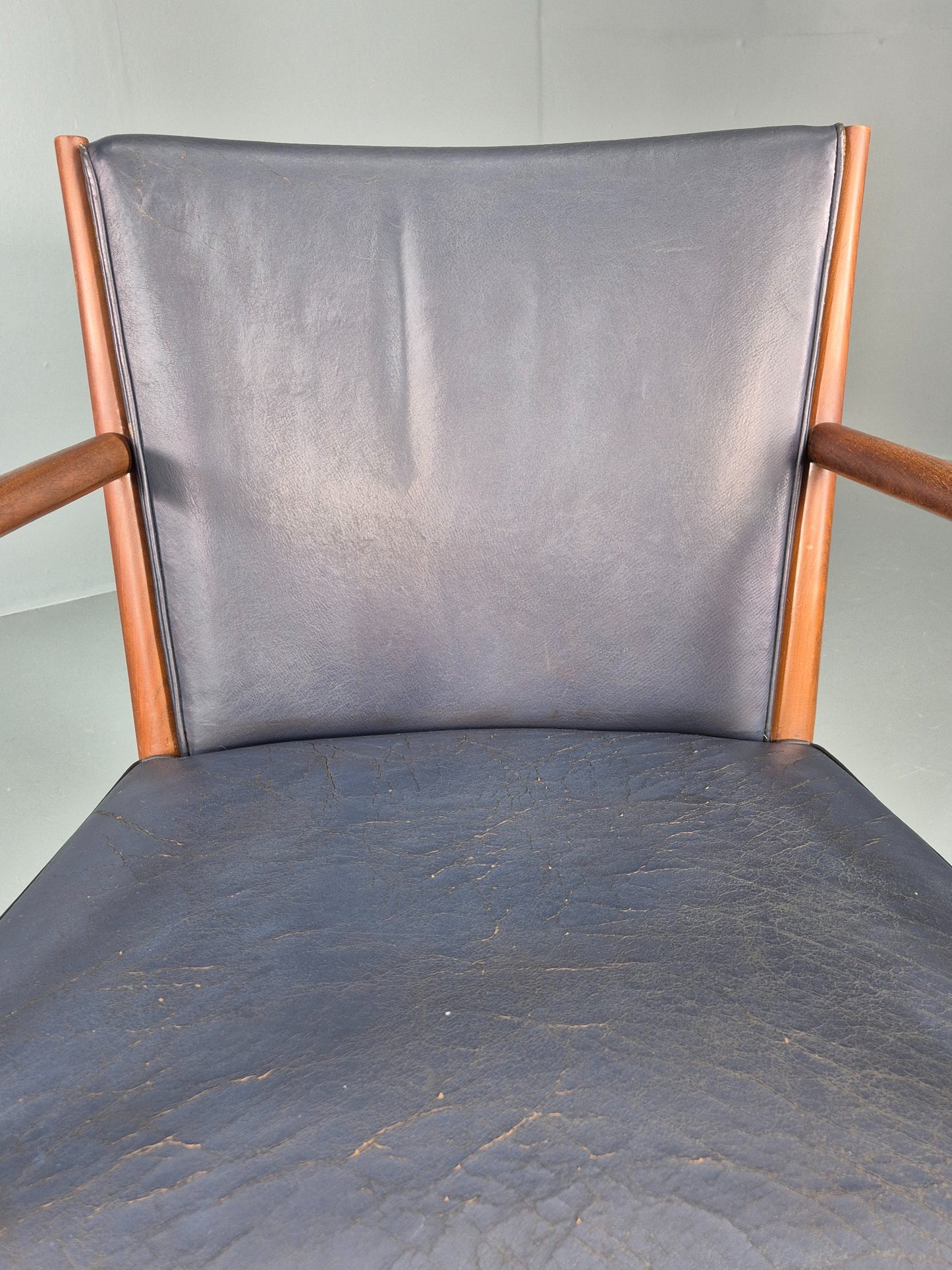 Vintage Mid Century Teak Armchair Blue Leather 1960s Retro EB11901