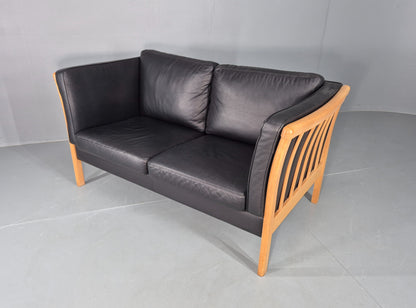 Vintage Stouby 2 Seater Sofa Beech Ends Black Leather 1990s Retro EB12421