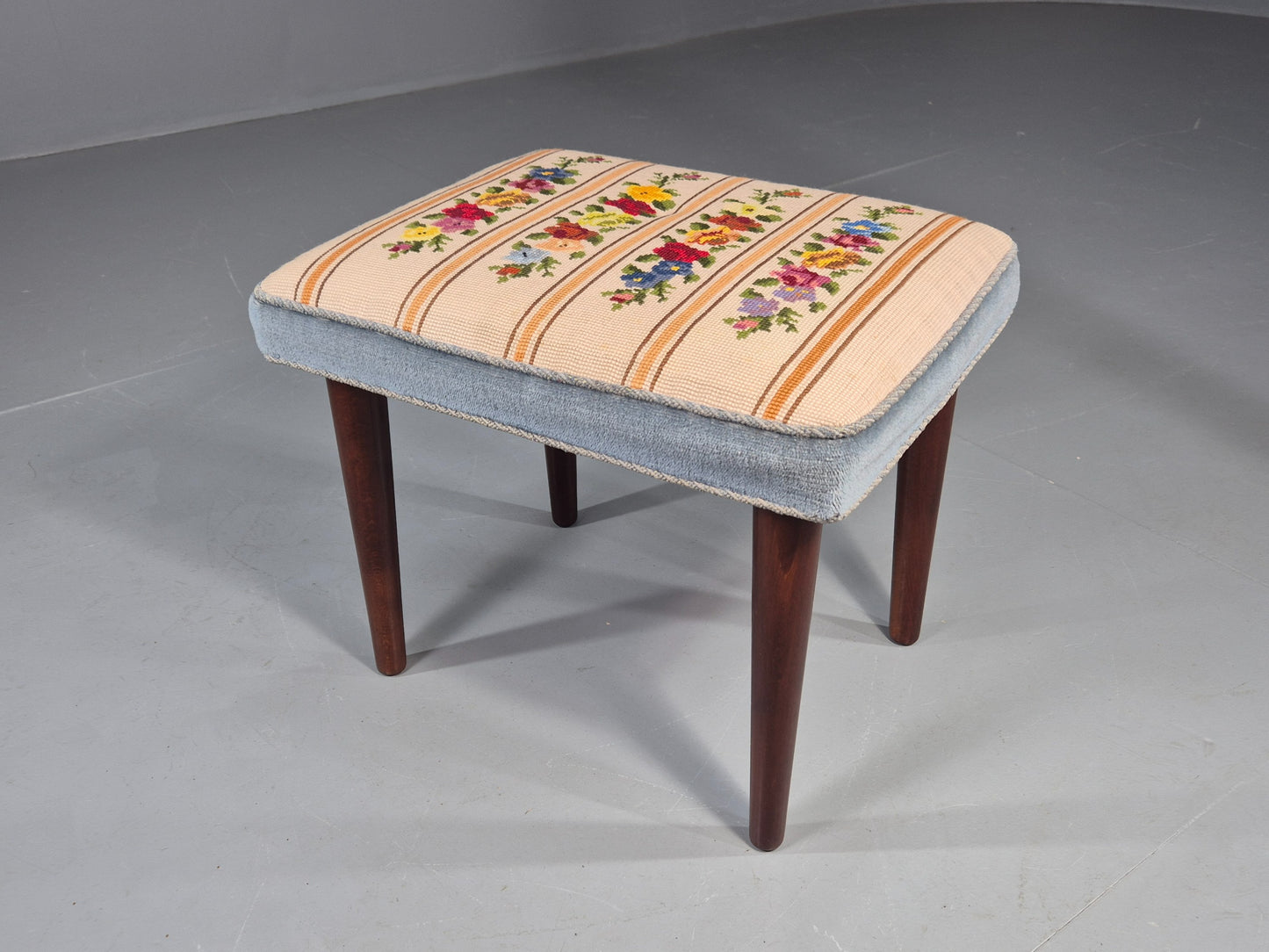 Vintage Danish Midcentury Footstool with Tapestry Floral Top 1960s EB12029