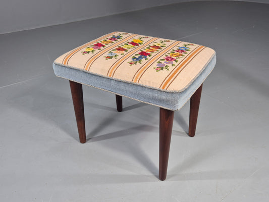 Vintage Danish Midcentury Footstool with Tapestry Floral Top 1960s EB12029
