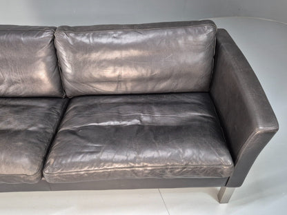 Vintage 3 Seater Stouby Sofa 1990s Black Leather Steel Legs Retro MCM  EB09079