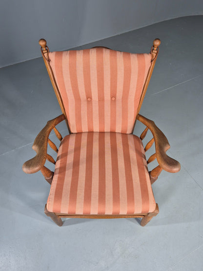 Vintage Danish Oak Lounge Chair 1950s Cottage Style Pink Striped Cotton EB12708