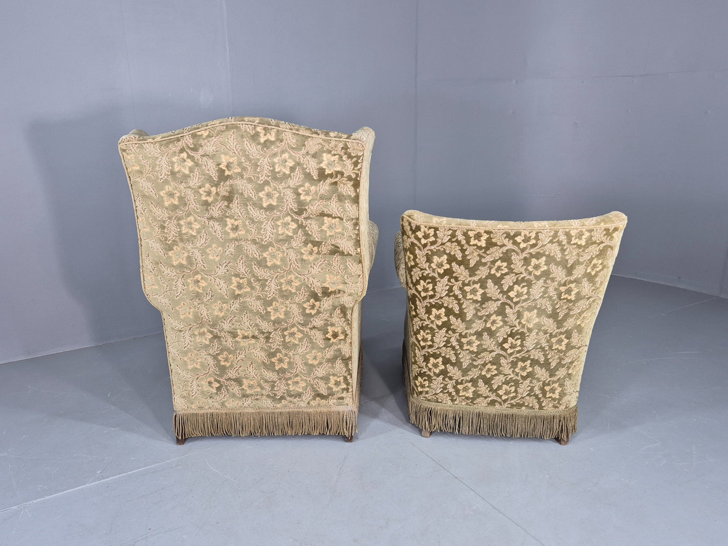 2 Vintage Danish Armchairs Green Floral Moquette Tassels 1960s Cottage EB12689