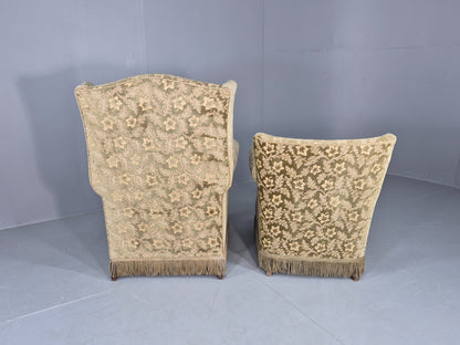 2 Vintage Danish Armchairs Green Floral Moquette Tassels 1960s Cottage EB12689