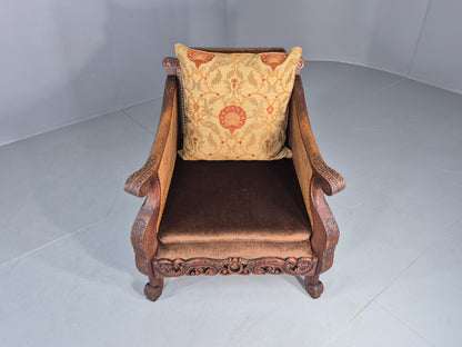 Vintage Danish Oak Lounge Chair Antique Bergere Carving Baroque 1920s EB12678