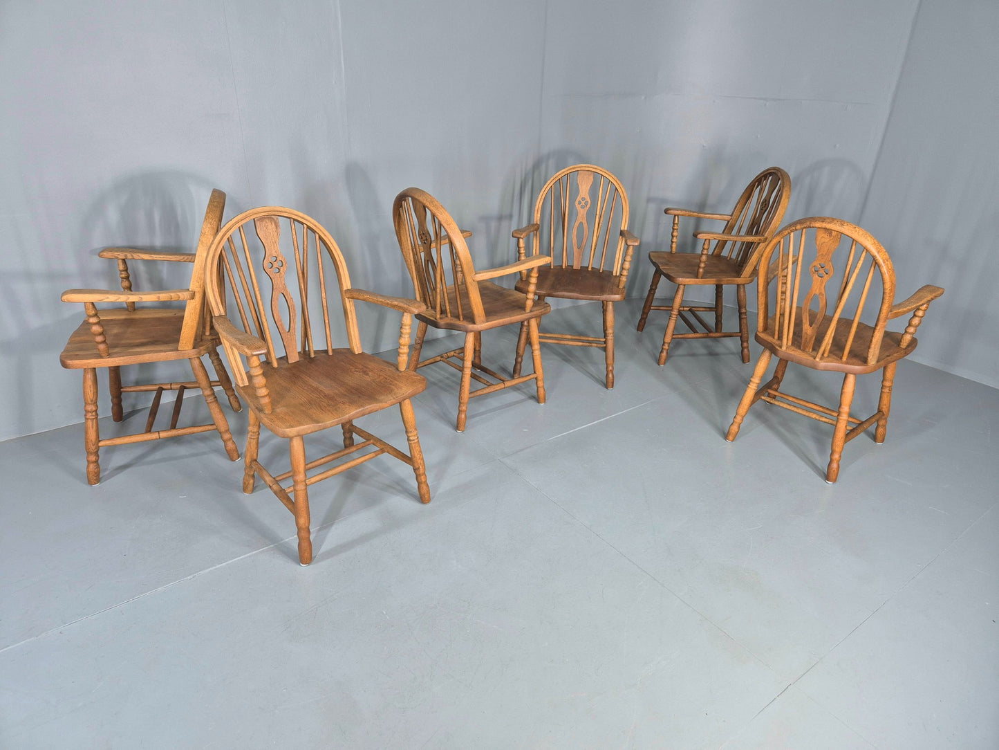 6 Vintage Windsor Armchairs Danish Made Oak Bobbin Turned 20th Century EB12671