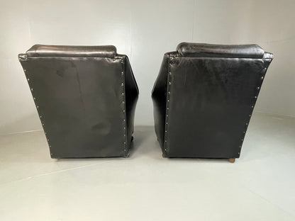 2 Vintage Mid Century Club Chairs Black Leather 1960s Retro EB04799