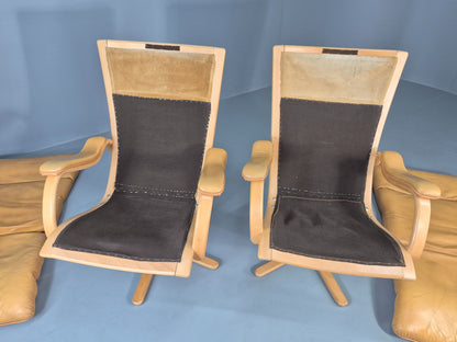 2 Vintage Tan Leather Lounge Chairs 1980s Danish Swivel Bentwood Bases EB13081