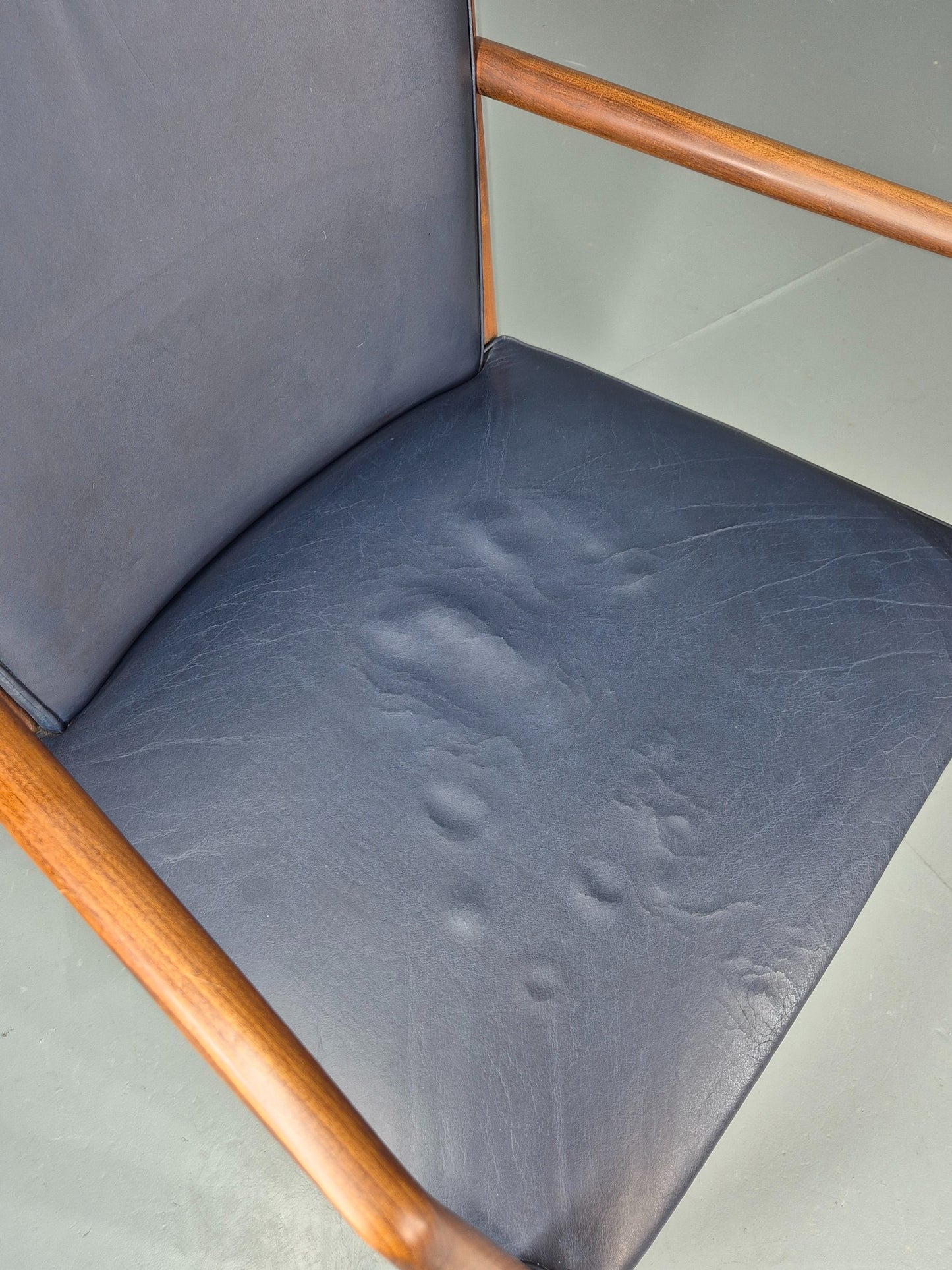 Vintage Mid Century Teak Armchair Blue Leather 1960s Retro EB11895