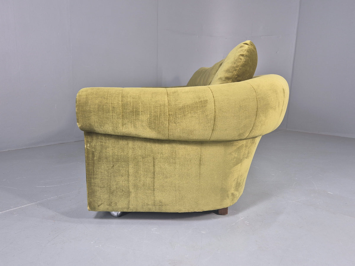 Vintage 3 Seater Sofa 1970s Danish Roll top back Green Velour MCM Retro EB12722