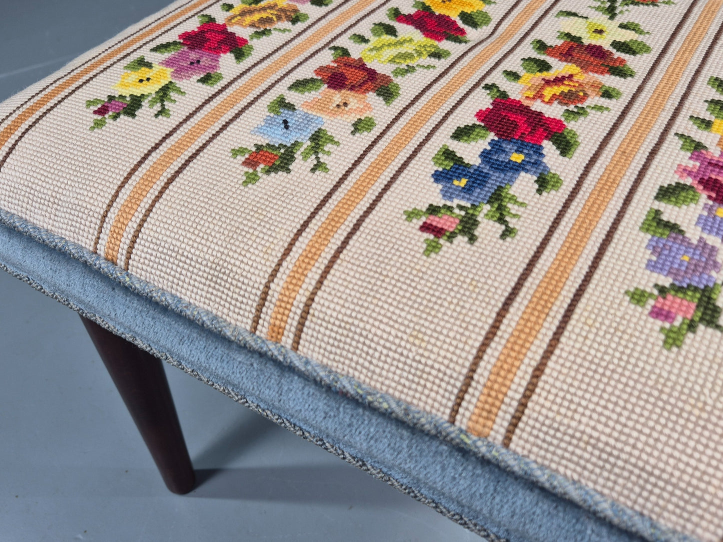 Vintage Danish Midcentury Footstool with Tapestry Floral Top 1960s EB12029