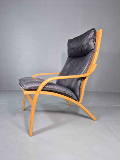 Vintage Danish Lounge Chair Bent Wood Frame Black Leather Cushion 1980s EB13077