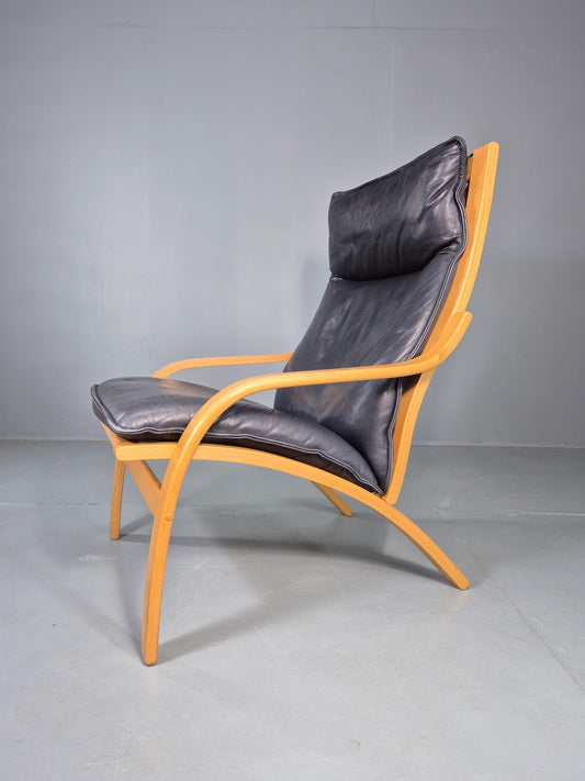 Vintage Danish Lounge Chair Bent Wood Frame Black Leather Cushion 1980s EB13077