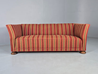 Vintage Art Deco Danish 3 Seater Sofa Red Wool Stripe Upholstery 1940s  EB12701
