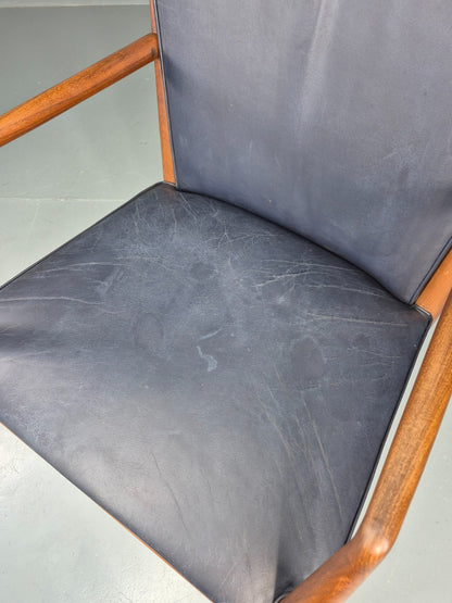 Vintage Mid Century Teak Armchair Blue Leather1960s Retro  EB11902