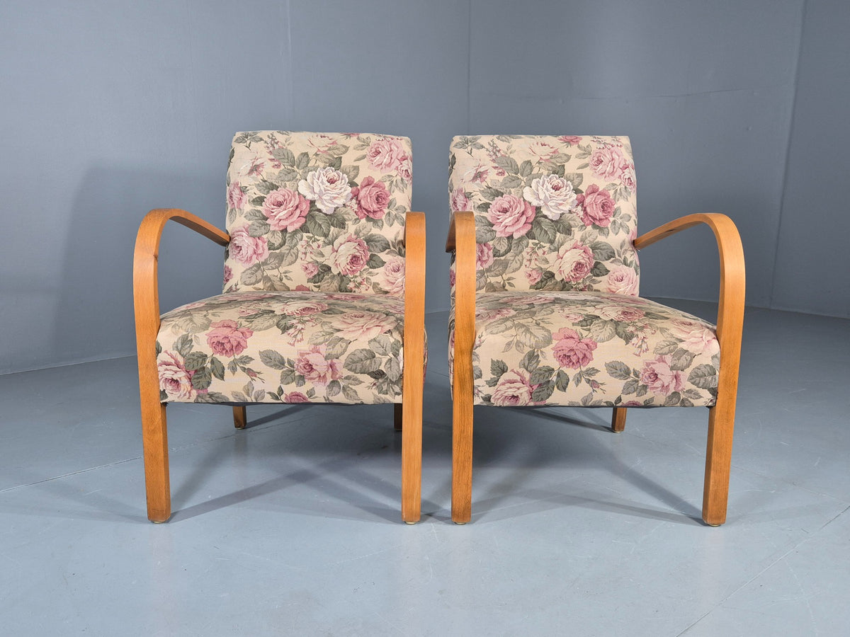 2 Vintage Danish Lounge Chairs 1950s Deco Bentwood Floral Print Retro EB12644