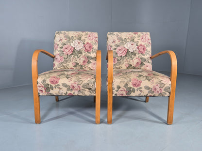 2 Vintage Danish Lounge Chairs 1950s Deco Bentwood Floral Print Retro EB12644