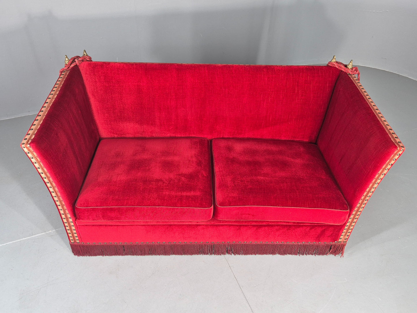 Vintage Danish 2 Seater Sofa Red Knole Style Drop Ends Tassels 1950s EB12760