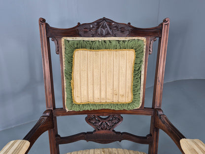 2 Antique Mahogany Saloon Chairs Green and Cream Upholstery Edwardian EB12792