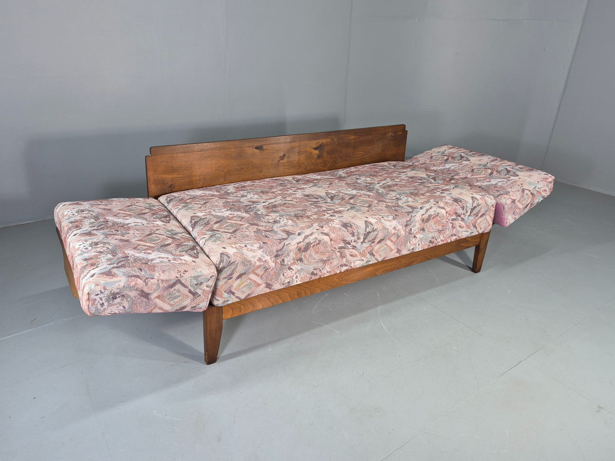 Vintage Danish Two Seat Sofa Bed Beech Frame 1950s Floral Cotton Retro EB12783