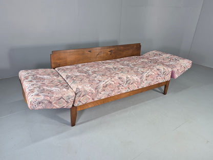 Vintage Danish Two Seat Sofa Bed Beech Frame 1950s Floral Cotton Retro EB12783