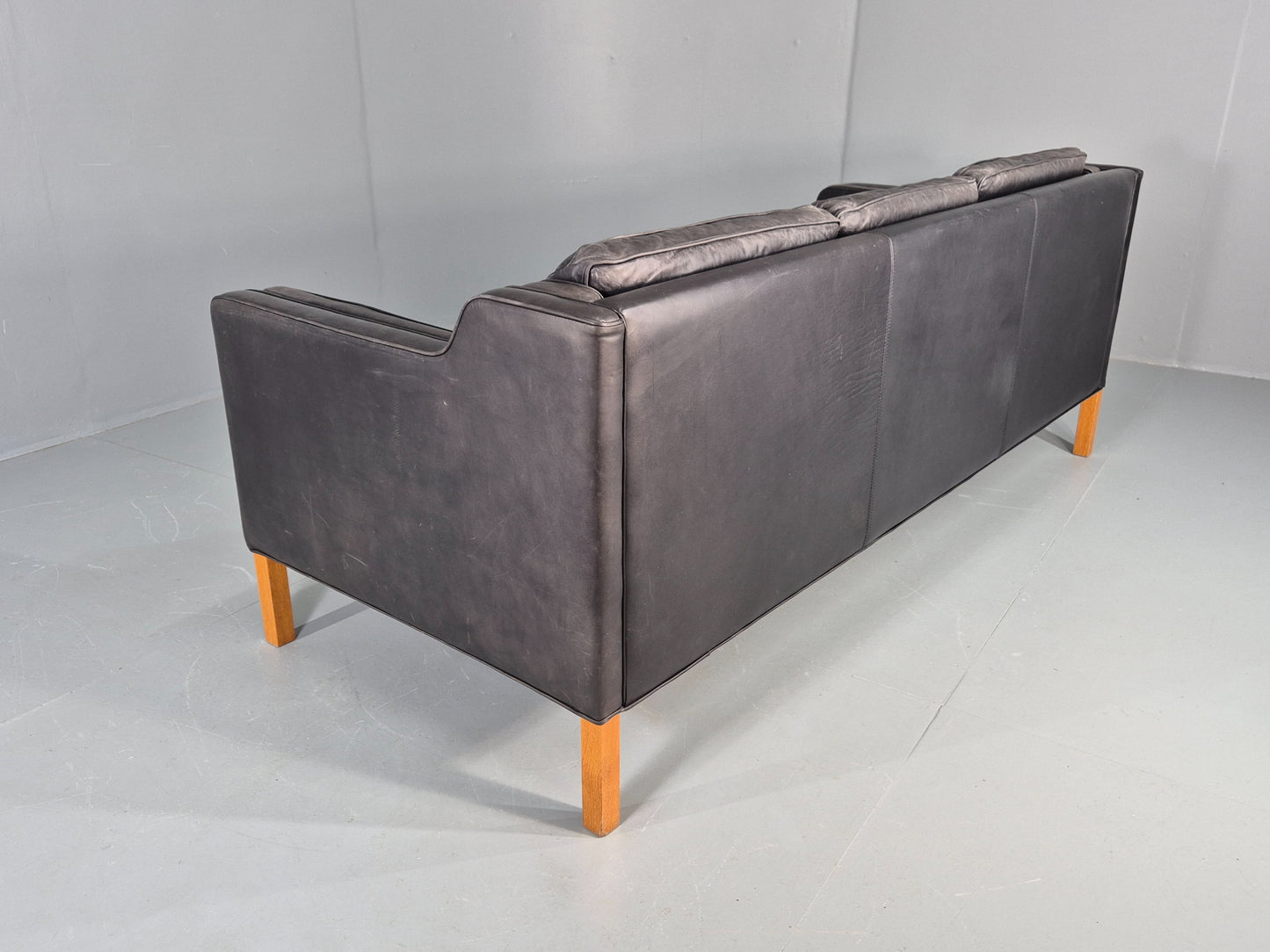 Vintage Stouby 3 Seat Sofa Black Leather 1980s Retro MCM Mogensen Style EB12427