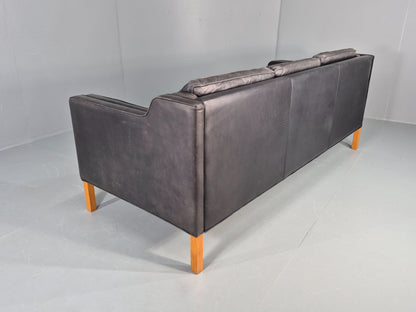 Vintage Stouby 3 Seat Sofa Black Leather 1980s Retro MCM Mogensen Style EB12427