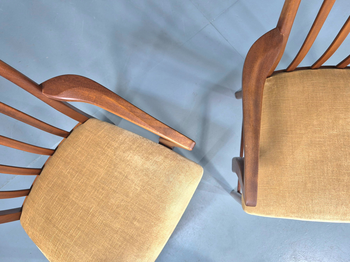 2 Vintage McIntosh Carver Dining Chairs Teak Frames Gold Velour Seats EB12181