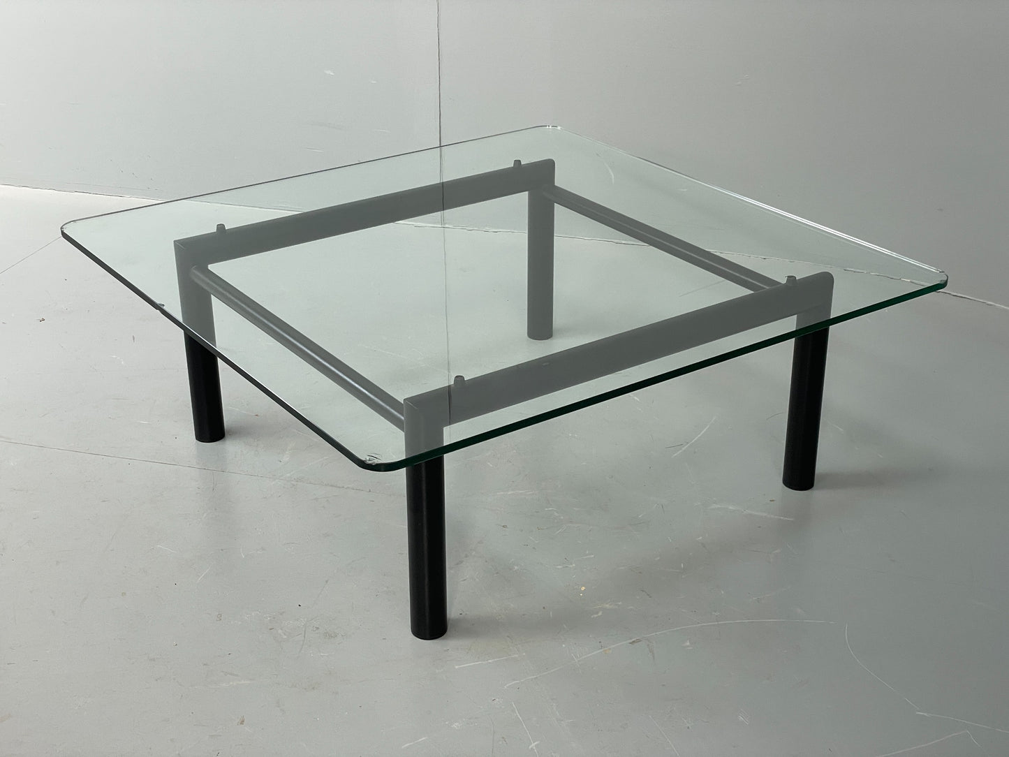 Square Glass Coffee Table Black Steel Frame Le Corbusier Style Modern EB12515