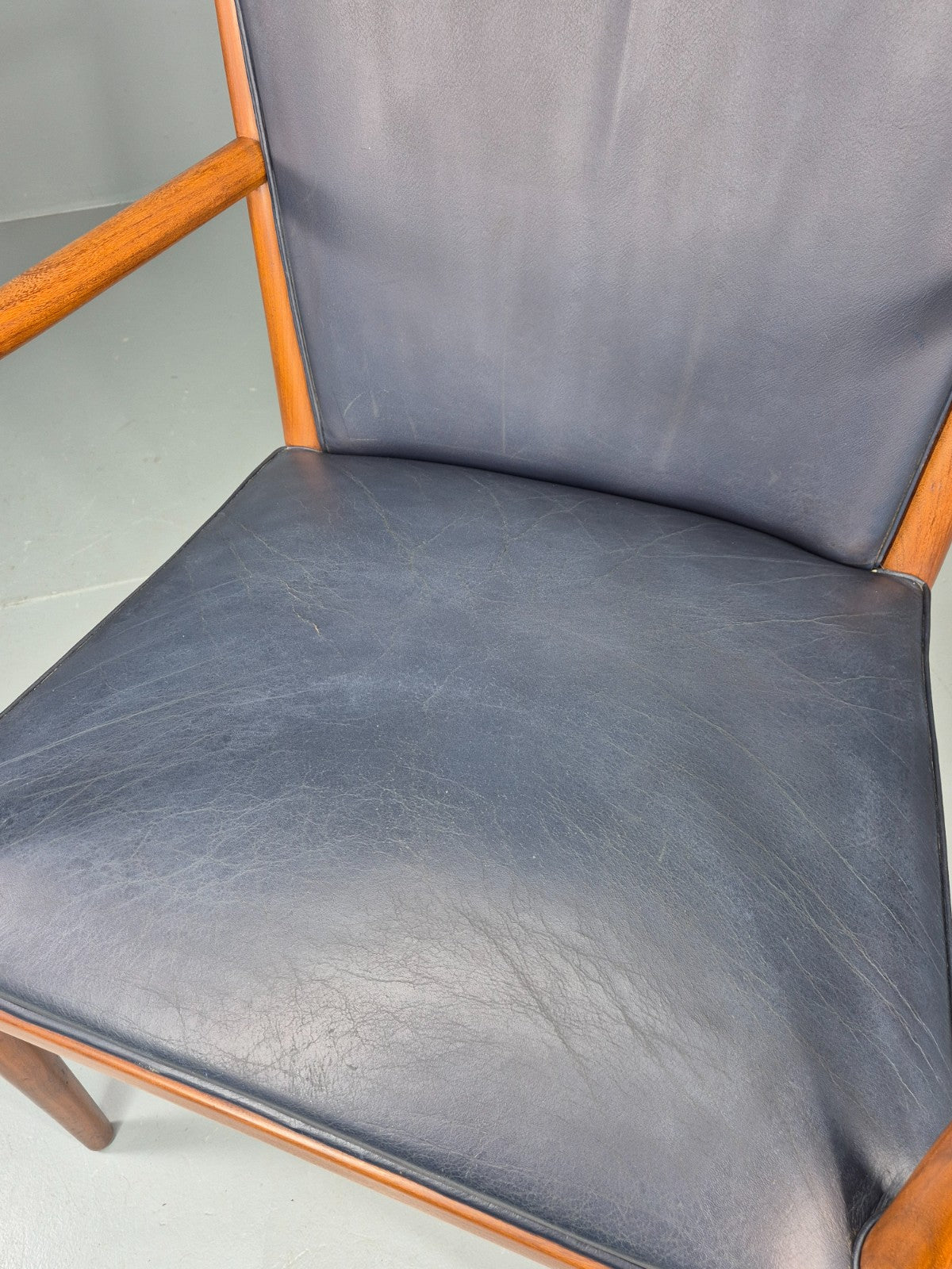 Vintage Mid Century Teak Armchair Blue Leather 1960s Retro EB11906