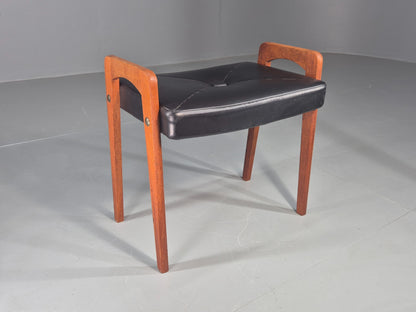 Vintage Danish Mid Century Footstool 1960s Teak Black Vinyl Retro EB12087