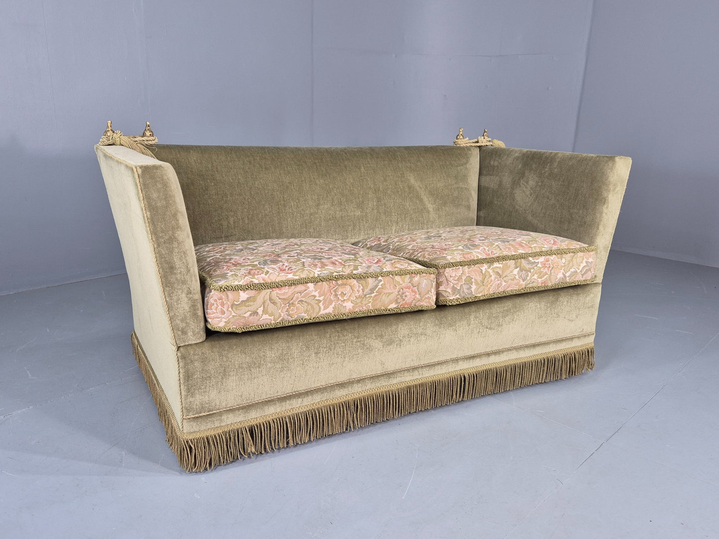 Vintage Danish Knole Sofa 2 Seater Green Velour Floral Cream Cushions EB12770