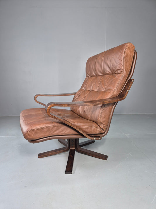 Vintage Danish Swivel Rock Lounge Chair Bentwood Frame Leather MCM Retro EB13090