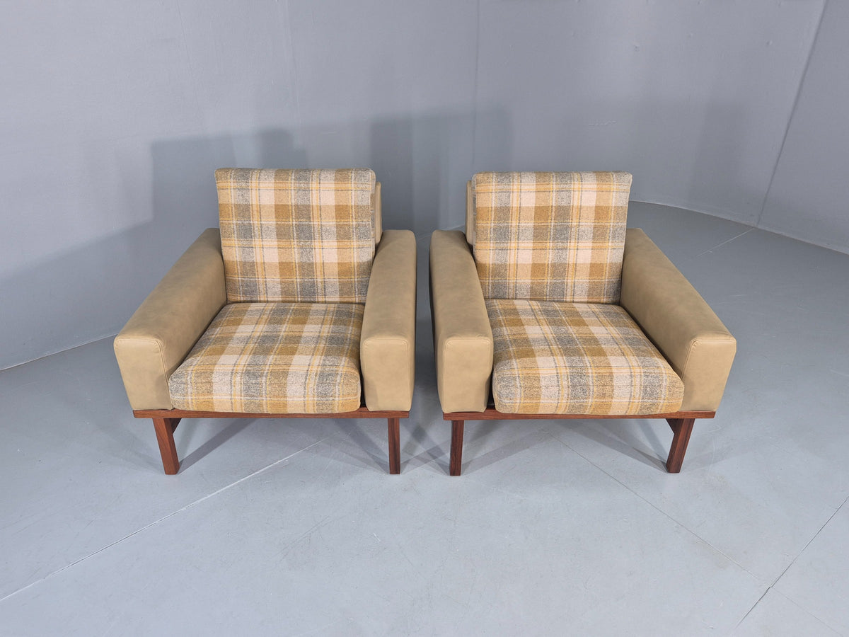 2 Vintage Danish Design Lounge Chairs New Leather and Wool Upholstery 1960s12040