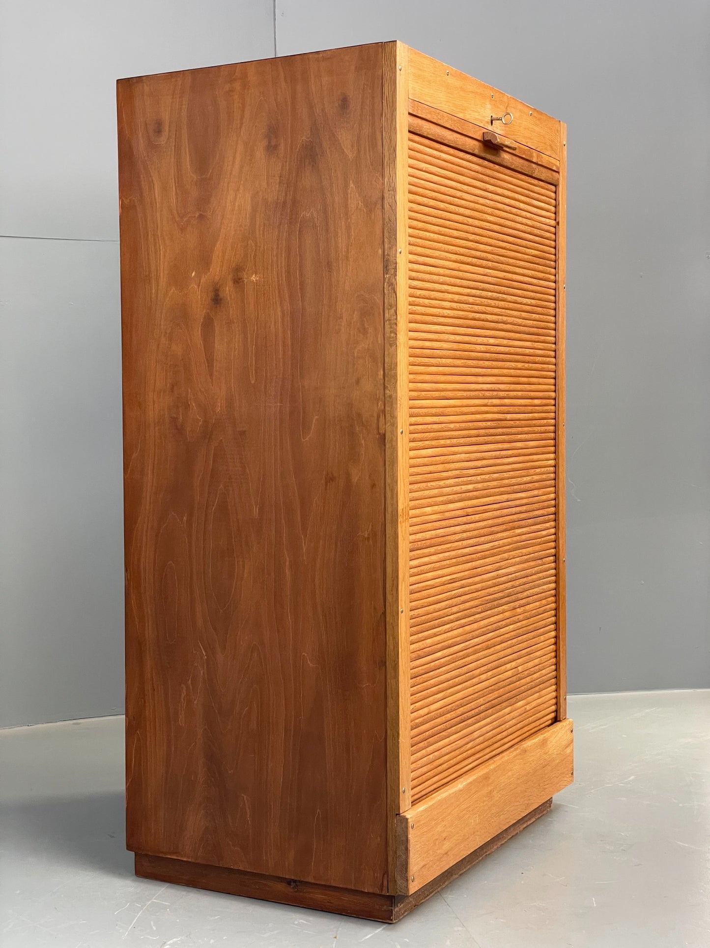 Vintage Tambour Fronted Cabinet Oak Walnut Danish Mid Century Shelving EB12516