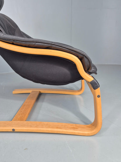 Vintage 1970s Leather Lounge Chair Bentwood Frame Danish Retro MCM EB08277
