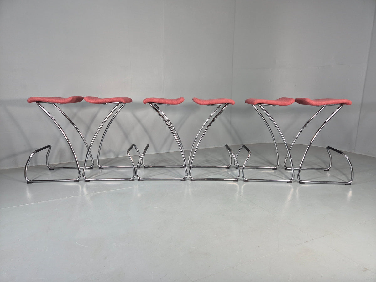 6 Orange Box Spring Bar Stools Modern Design Red Chenille Chrome Frame EB12990