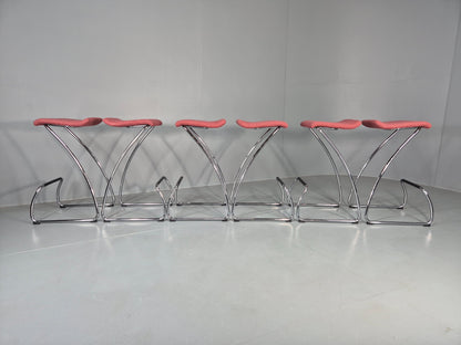 6 Orange Box Spring Bar Stools Modern Design Red Chenille Chrome Frame EB12990