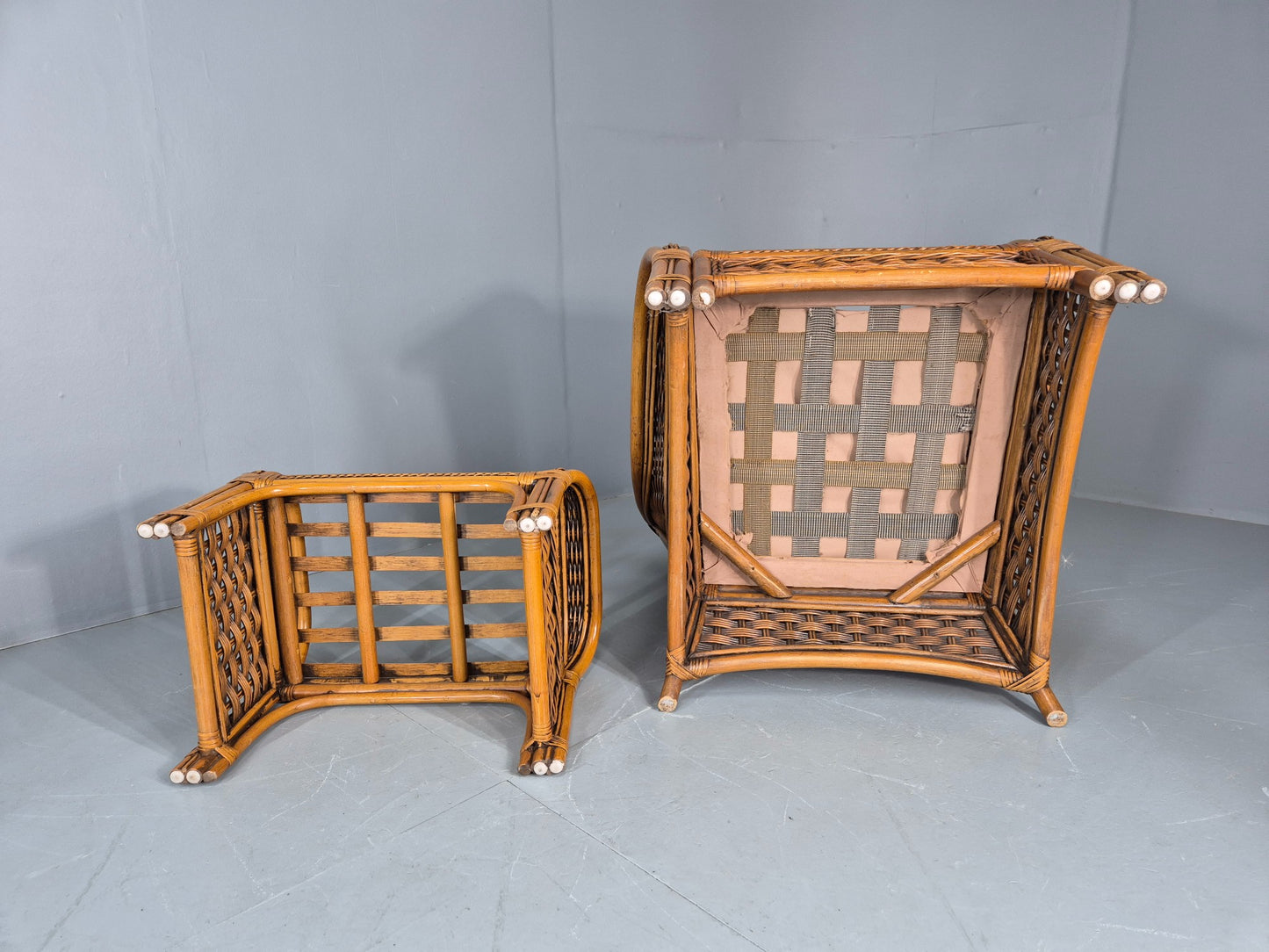 Vintage Bamboo and Rattan Chair and Footstool 1980s Retro Conservatory EB12808