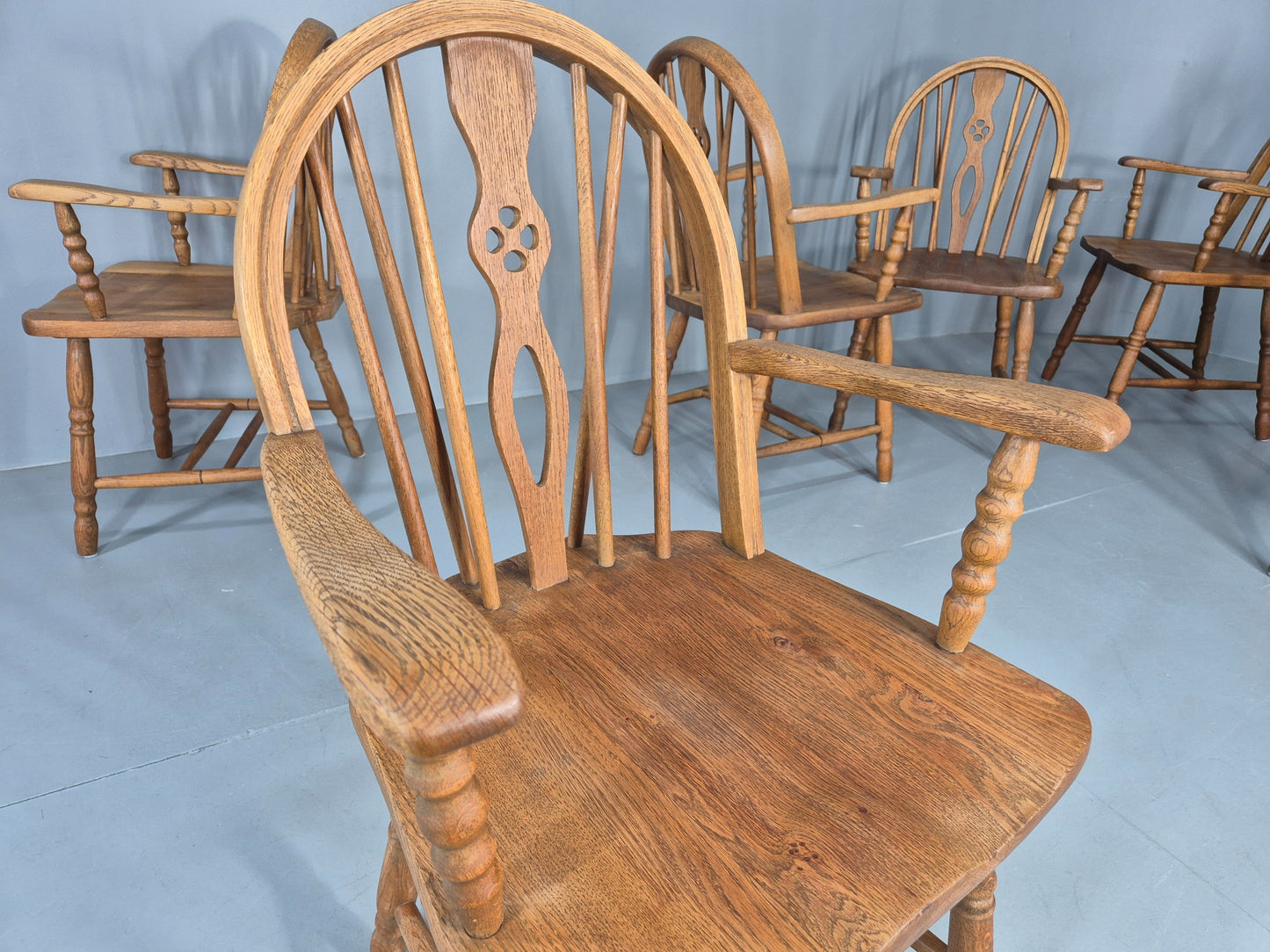 6 Vintage Windsor Armchairs Danish Made Oak Bobbin Turned 20th Century EB12671