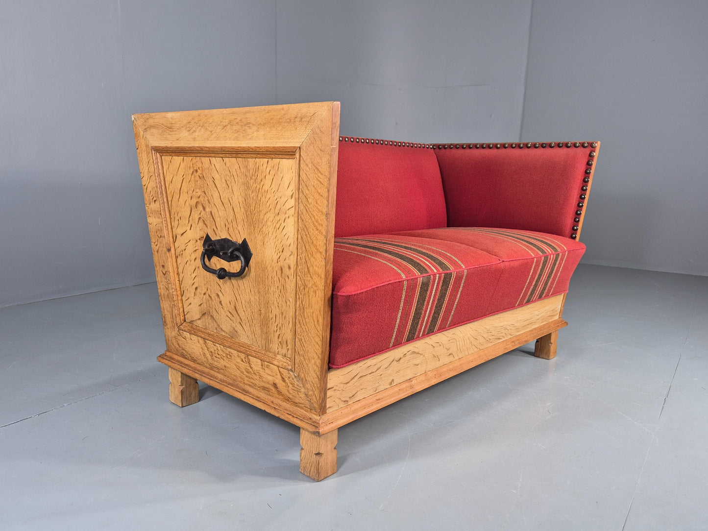 Vintage Danish 2 Seater Sofa Oak Framed Red Stripe Cloth 1970s Retro EB12755