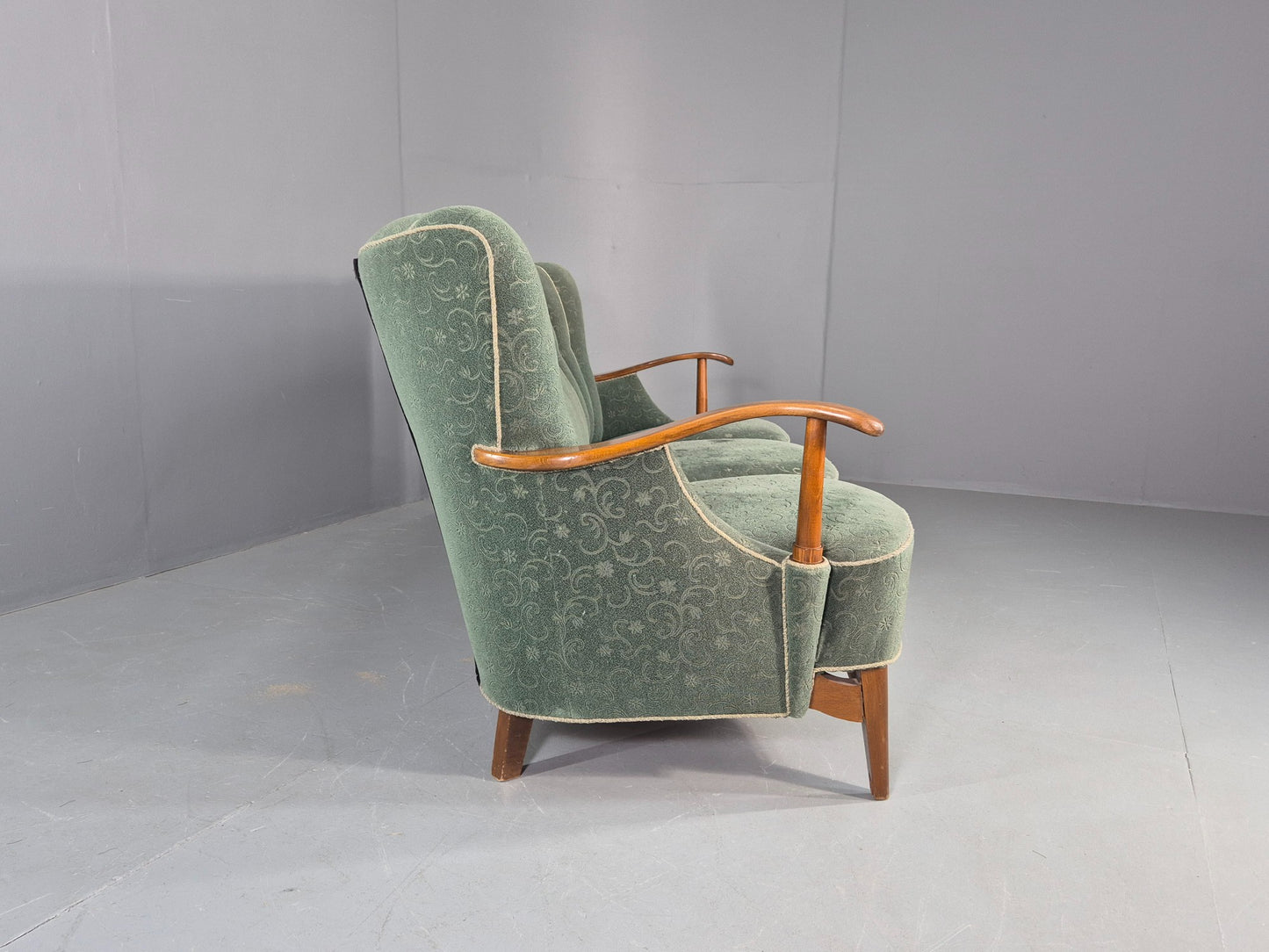 Danish 1950s 3 seater Sofa Shell Back Green Moquette Curved Front EB12768